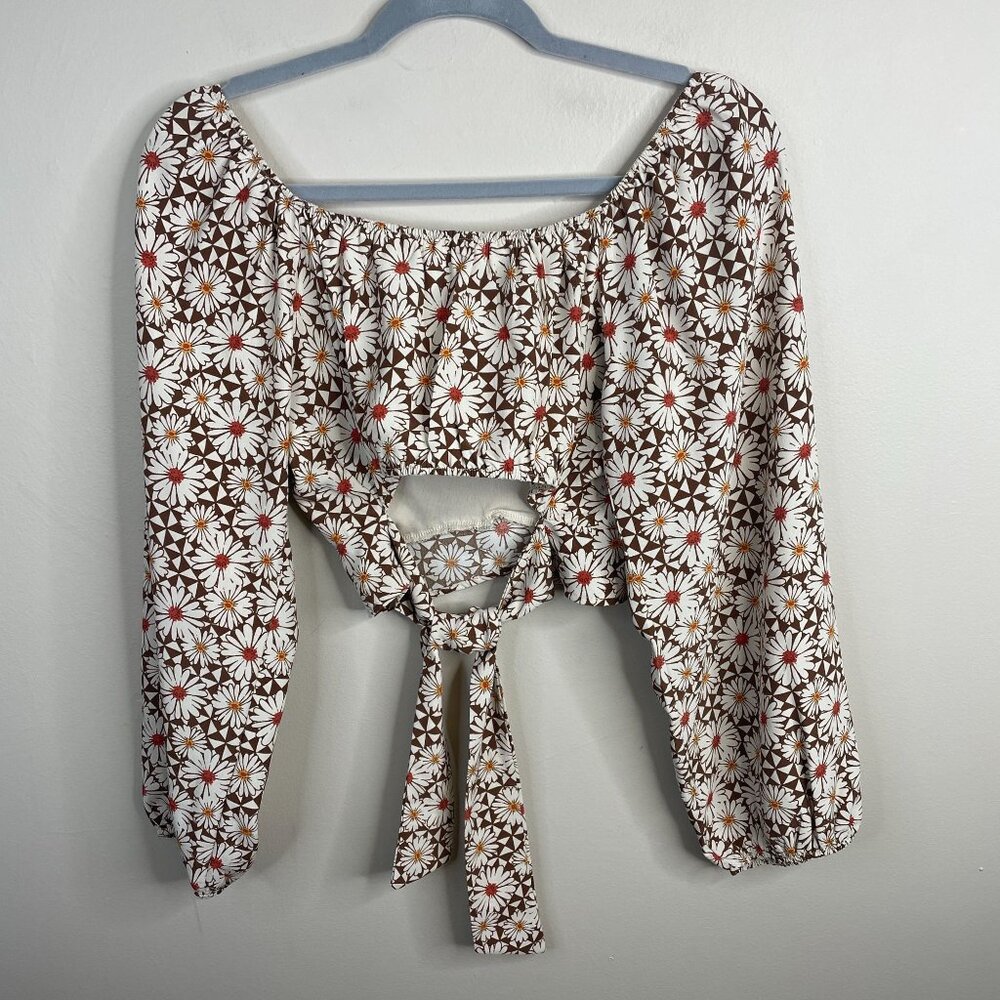 Boho Floral Crop Top Womens Small 3/4 Balloon Sleeve Tie Back Hippie Feminine